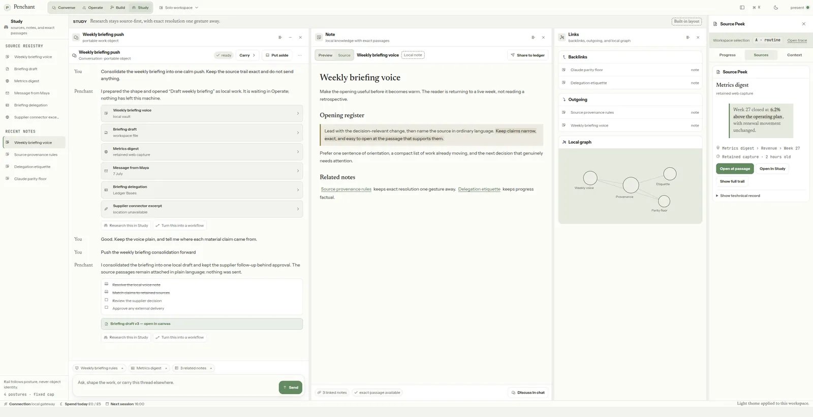 A Study-posture view: a conversation on the left, a sourced note in the middle, and its backlinks and local graph on the right — every claim openable at its passage.